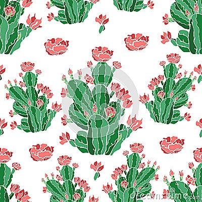 Vector seamless pattern of blooming cacti. Cacti, succulents, exotic plants repeating pattern, ornament. Vector Illustration